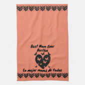 Linge De Cuisine Papillons & Coeur Nom personnalisé, Saumon bilingu (Vertical)