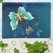 Linge De Cuisine Papillons d'or sur un Arrière - plan bleu (Plié)