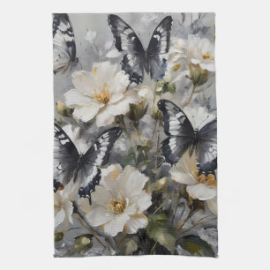 Linge De Cuisine Papillons Noir Et Blanc Sur Fleurs Blanches,
