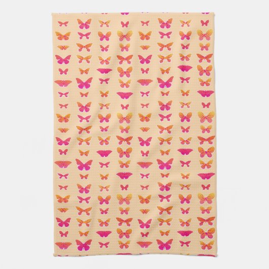 Linge De Cuisine Papillons, orange tendre, rose corail, or (Vertical)
