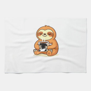 Linge De Cuisine Paresseux Mignon Se Relaxant avec un Café Chaud T-
