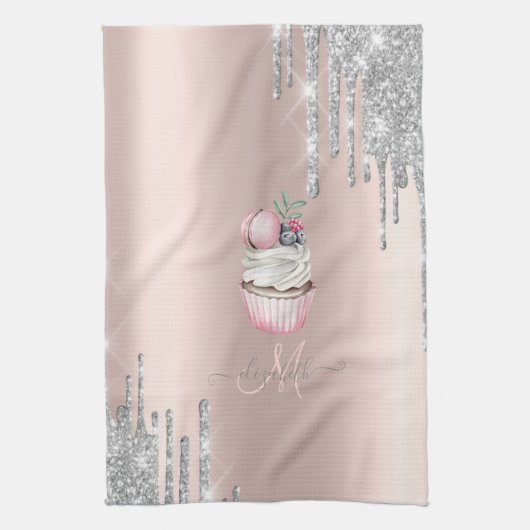 Linge De Cuisine Parties scintillant argent Rose Monogramme Cupcak (Vertical)