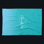 Linge De Cuisine parties scintillant bleue turquoise aqua vert mer<br><div class="desc">A teal,  blue sea,  ocean green glitter gradient background. Personalize and add a name and monogram letters A main lettered style script,  white and blue letters</div>