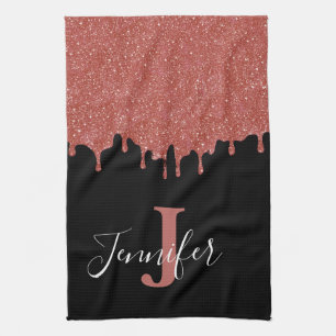 Linge De Cuisine Parties scintillant de Monogramme rose et noir cha