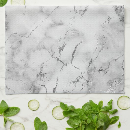 Linge De Cuisine Parties scintillant moderne en marbre blanc et arg (Plié)