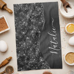 Linge De Cuisine Parties scintillant noire métallique personnalisée<br><div class="desc">Personnalisez facilement ce métal brossé noir et la serviette de cuisine à motif de parties scintillant glamour avec votre propre nom personnalisé.</div>
