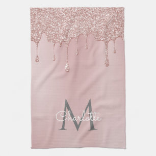 Linge De Cuisine Parties scintillant rose gouttes Monogramme Script