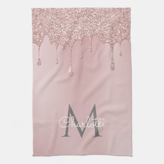 Linge De Cuisine Parties scintillant rose gouttes Monogramme Script (Vertical)