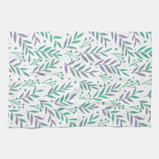 Linge De Cuisine Pastel aquarelle branches pourpre et vert (Horizontal)