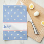 Linge De Cuisine Pastel Bleu aux Coeurs Blancs Personnalisé (Quart Plié)