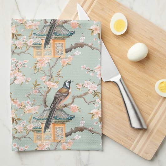 Linge De Cuisine Pastel Oriental Oiseaux et fleurs de fruits (Quart Plié)