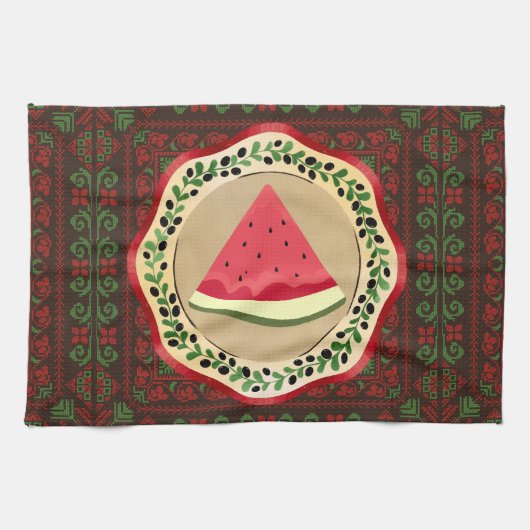 Linge De Cuisine pastèque sur plaque d'olive avec tatreez palestini (Horizontal)