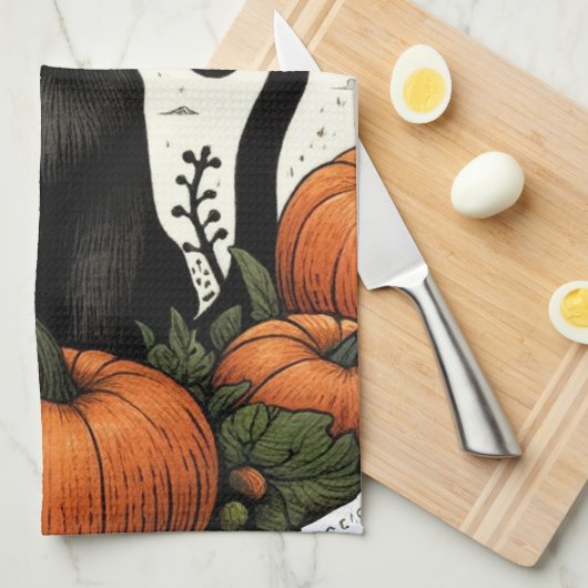 Linge De Cuisine Patch Citrouille Halloween Chat Noir (Quart Plié)