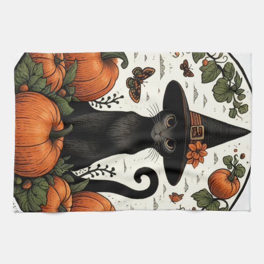 Linge De Cuisine Patch Citrouille Halloween Chat Noir (Horizontal)