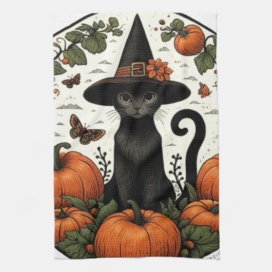 Linge De Cuisine Patch Citrouille Halloween Chat Noir (Vertical)