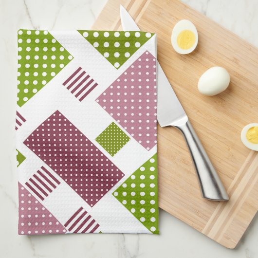 Linge De Cuisine Patchwork brun vert pois dos blanc (Quart Plié)