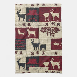 Linge De Cuisine Patchwork croisé rustique   Folk Holiday Motif