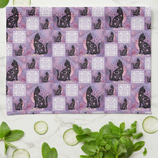 Linge De Cuisine Patchwork de chats cosmiques pourpres (Plié)