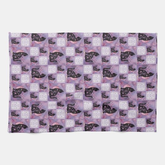 Linge De Cuisine Patchwork de chats cosmiques pourpres (Horizontal)