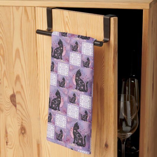 Linge De Cuisine Patchwork de chats cosmiques pourpres (Pliage en tiers)