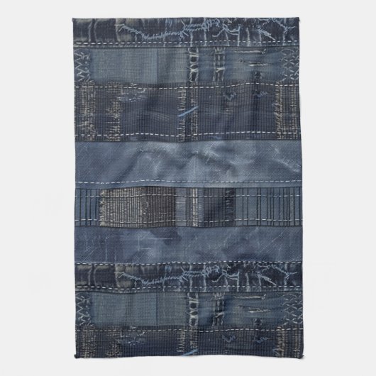 Linge De Cuisine Patchwork en Denim Indigo Rustique (Vertical)