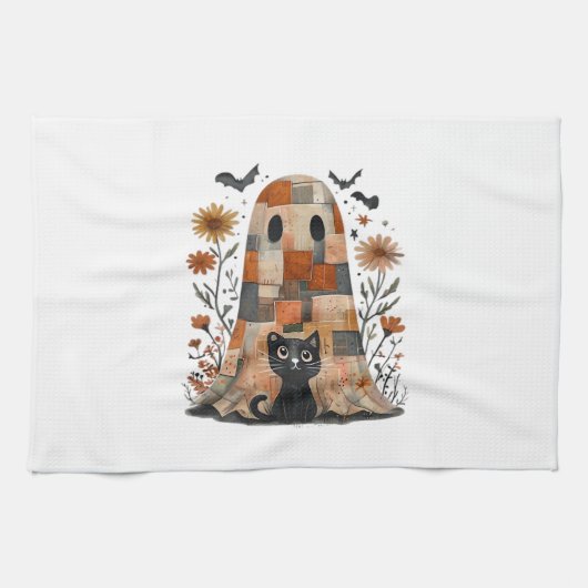 Linge De Cuisine Patchwork Halloween Fantôme et Chat, Rétro Épouvan (Horizontal)