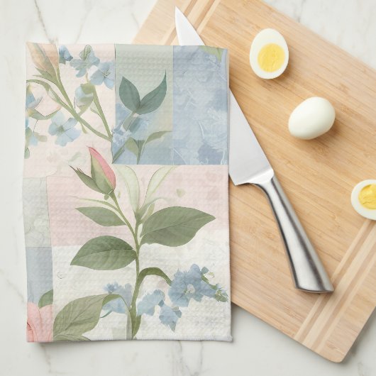 Linge De Cuisine Patchwork Rose Et Bleu Fleur Doux Et Délicat (Quart Plié)