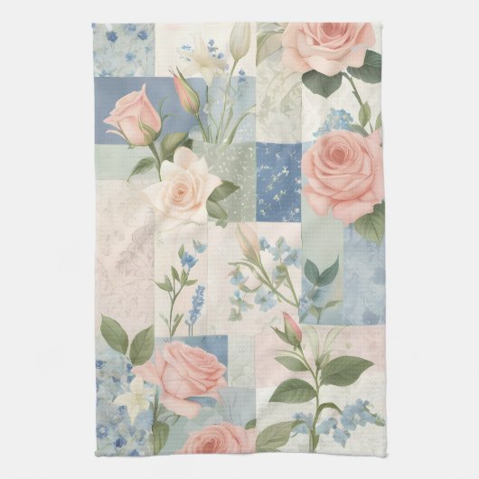 Linge De Cuisine Patchwork Rose Et Bleu Fleur Doux Et Délicat (Vertical)
