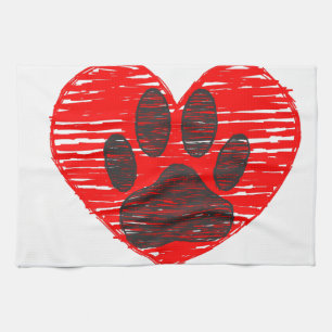 Linge De Cuisine Patte de chien esquissée dans un cœur rouge