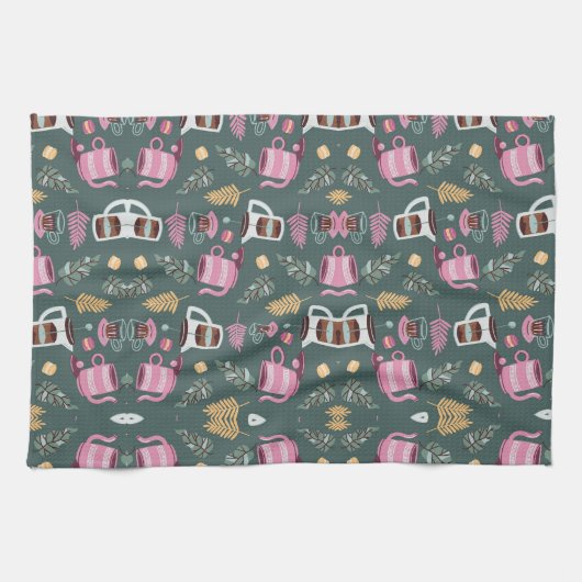 Linge De Cuisine Patterned textiles with pink teapots (Horizontal)