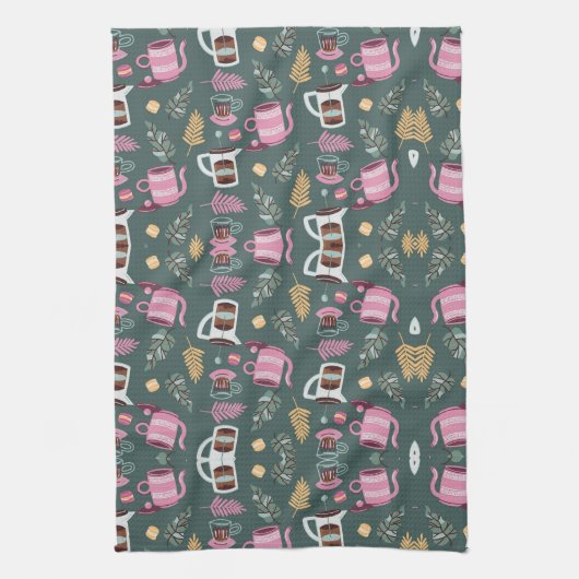 Linge De Cuisine Patterned textiles with pink teapots (Vertical)