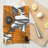 Linge De Cuisine Pavot orange sur blanc (Quart Plié)