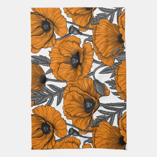 Linge De Cuisine Pavot orange sur blanc (Vertical)