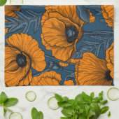 Linge De Cuisine Pavot orange sur bleu foncé (Plié)