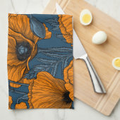 Linge De Cuisine Pavot orange sur bleu foncé (Quart Plié)