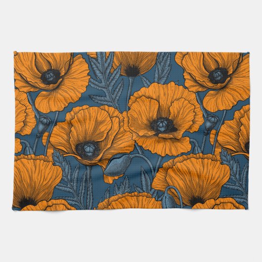 Linge De Cuisine Pavot orange sur bleu foncé (Horizontal)