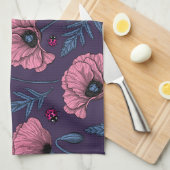 Linge De Cuisine Pavot rose sur violet foncé (Quart Plié)