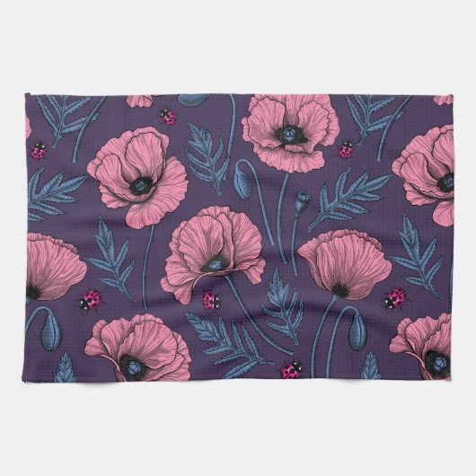 Linge De Cuisine Pavot rose sur violet foncé (Horizontal)