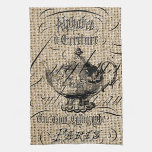 Linge De Cuisine pays français burlap scripts teapot tea party