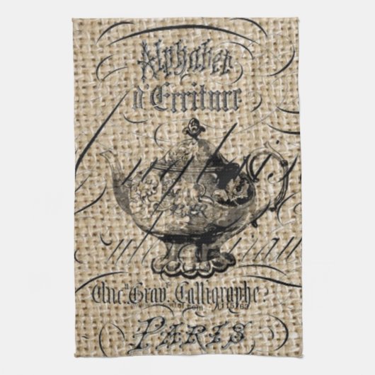 Linge De Cuisine pays français burlap scripts teapot tea party (Vertical)