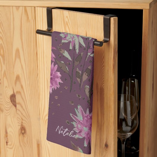 Linge De Cuisine Pays Moderne Floral Monogrammé Violet (Pliage en tiers)