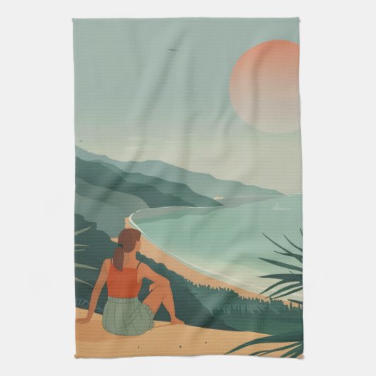 Linge De Cuisine Paysage Boho Terracotta Sage Coastal Bay Coucher d (Vertical)