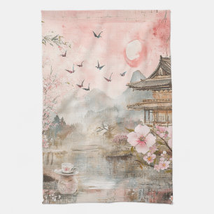 Linge De Cuisine Paysage de sérénité aux cerisiers en fleurs roses