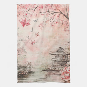 Linge De Cuisine Paysage de sérénité aux cerisiers en fleurs roses