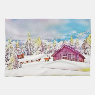Linge De Cuisine Paysage d'hiver Renne et cabane en rondins Aquarel