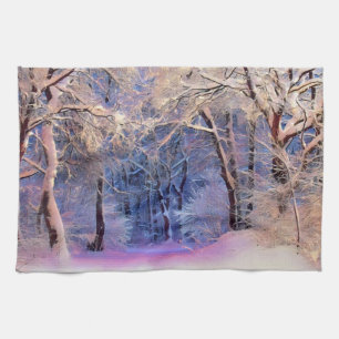 Linge De Cuisine Paysage hivernal avec arbres enneigés aquarelle 