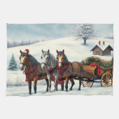 Linge De Cuisine Paysage hivernal avec chevaux et Cabine (Horizontal)