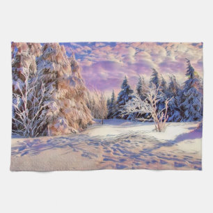 Linge De Cuisine Paysage hivernal avec l'aquarelle des arbres neigé