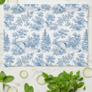 Linge De Cuisine Paysage Toile Bleu et Blanc Vintage