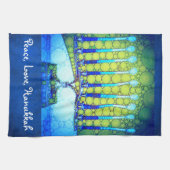 Linge De Cuisine Peace Love Hanoukka Script Bleu Vert Menorah (Horizontal)